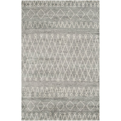 Tapis gris en soie noué à la main à motif géométrique