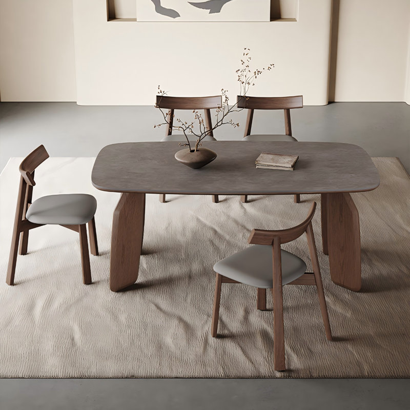 70.87"Brown Rectangular Sintered Stone Tabletop Solid Ash Wood Dining Table, 29.53" H x 70.87" W x 31.50" D