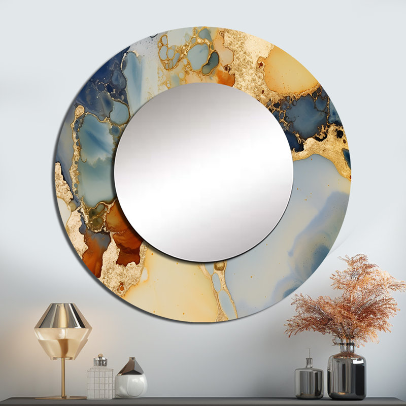 Art abstrait fluide de luxe brun - miroir unique à encre liquide, grand miroir mural rond doré, impression d'art en métal