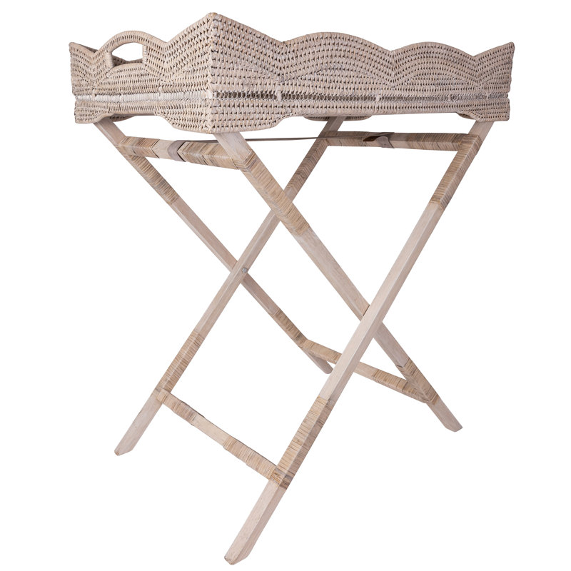 Scallop Design Butler Tray With Wooden Legs, White Wash
