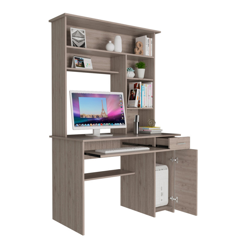 Compu 180 Hutch Desk, Multiple Shelves, Retractable Keyboard Tray, Cpu Door Panel, One Drawer, Natural
