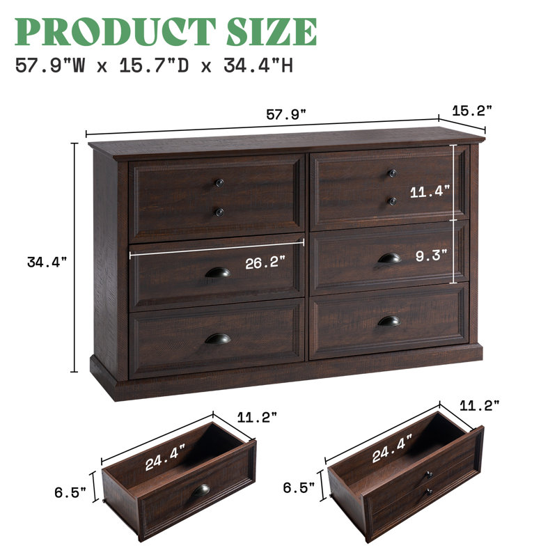 Rustic Brown Medium Wood Farmhouse 58" Six-Drawer Dresser