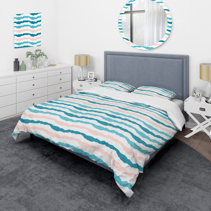 Blue Horizontal Striped - Abstract Duvet Cover Set - Microfiber Polyester, Queen Duvet Cover + 2 Standard Shams