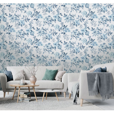 Blue Birds in a Garden Nonwoven, Non-pasted Textured Wallpaper 57sqft.