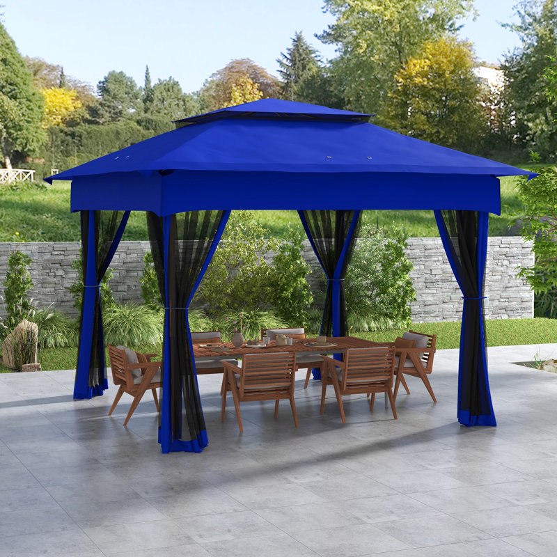 Abri escamotable 11 pi X, pavillon de jardin extérieur avec filet à fermeture à glissière amovible, tente instantanée, tente de patio bleue pour la cour