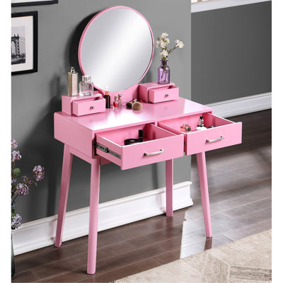 Table de coiffeuse et tabouret en bois rose avec miroir et siège supplémentaire
