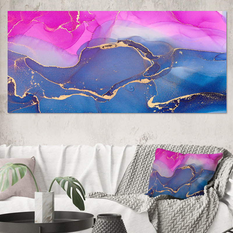 «Pink Luxury Abstract Fluid», peinture sur toile, Toile tendue, H 28 po x l 60 po x P 1,5 po