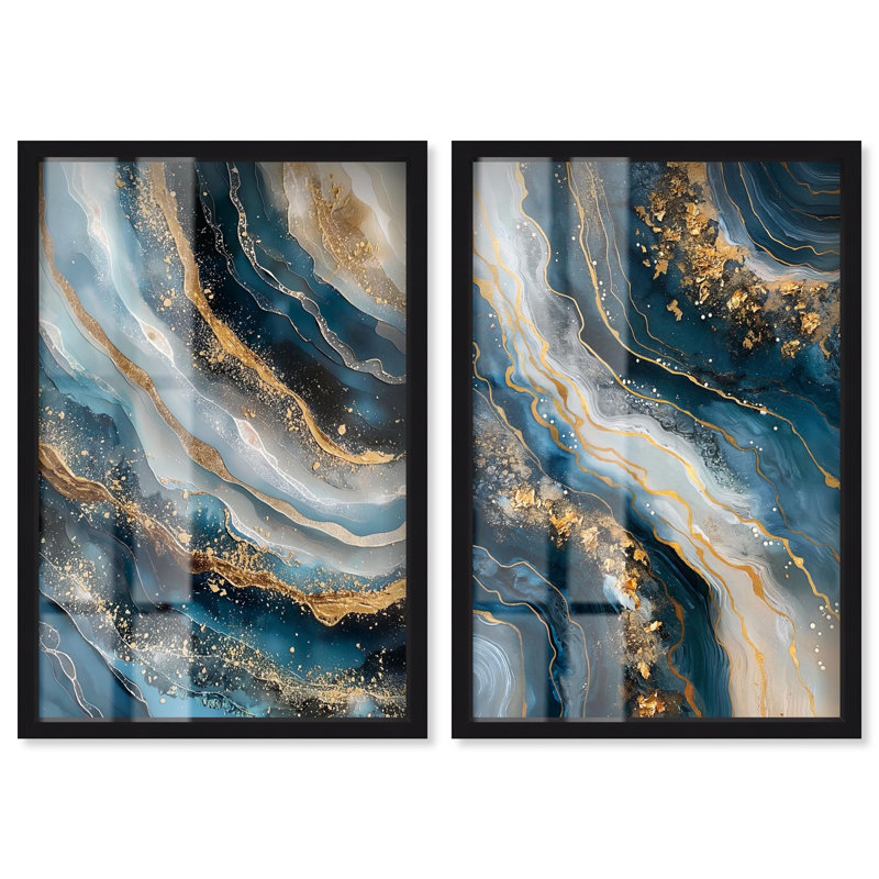 Navy Glist Diptych Shadowbox Print Sage Gold Wall Art Set by Art Remedy, Black Frame, 10 x 15, H 25 po x l 17 po, Black Frame