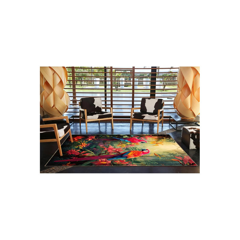 Multicolored Tapestry Design Forest And Parrot Pattern Vintage Decorative Rug, Rectangle 4' x 5'11"