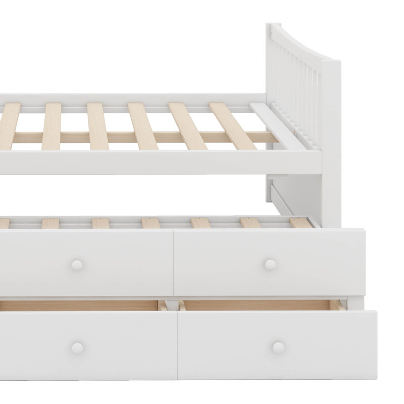 Lit de jour double avec lit gigogne simple et 3 tiroirs de rangement, lit capitaine avec lit gigogne, lit plateforme en bois