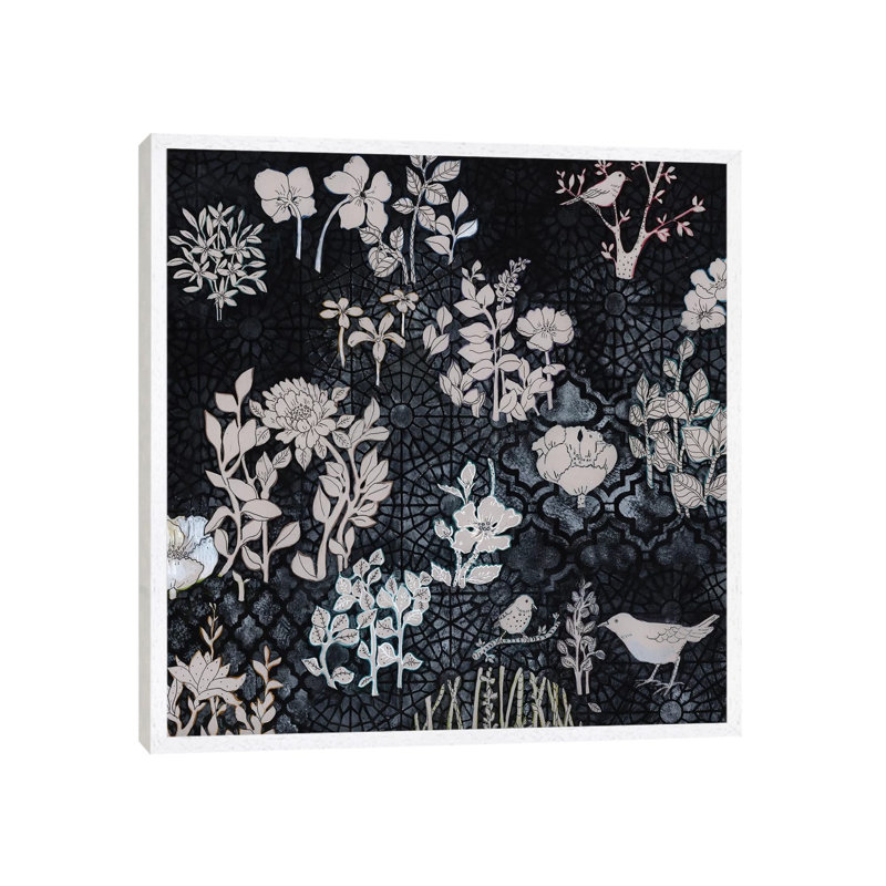 Pale Grey Botanical On Black by Miri Eshet - Print on Canvas, White Framed, 45.72 cm H x 45.72 cm W