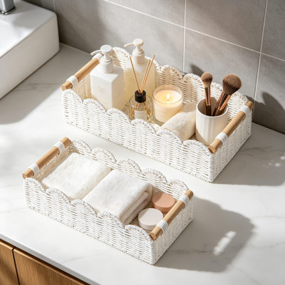 Ensemble de panier de papier hygiénique tissé à la main avec bords festonnés et poignées en bois, structure en métal et corde de papier, pour réservoir de toilette, tablette, comptoir, salon, chambre à coucher