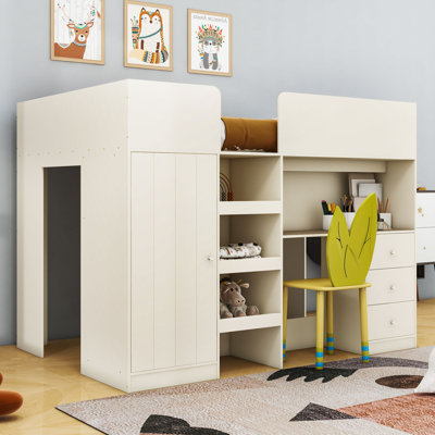 Lit mezzanine 3 tiroirs en bois avec garde-robe, bureau et tablettes