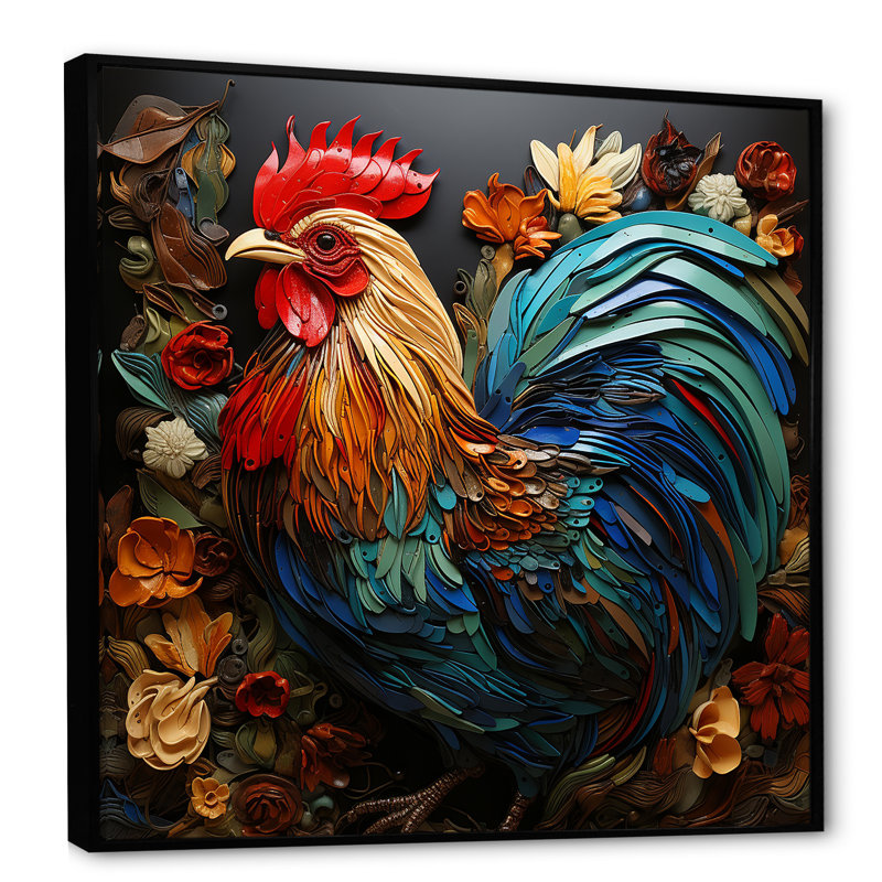 Art mural moderne coq moderne - poulailler, Cadre flottant noir, H 30 po x l 30 po x P 1,5 po
