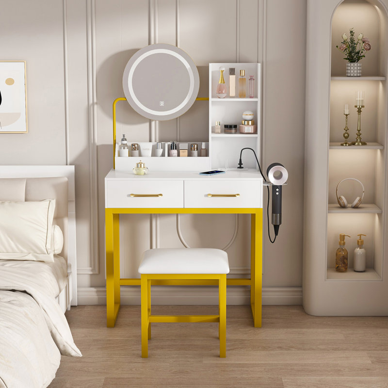 Makeup Vanity With LED Lights&3 Color And Power Outlet Makeup Vanity Table With 2 Big Drawers With Sturdy Metal Leg And Metal Chair Dressing Table For Bedroom Dressing Room (White)