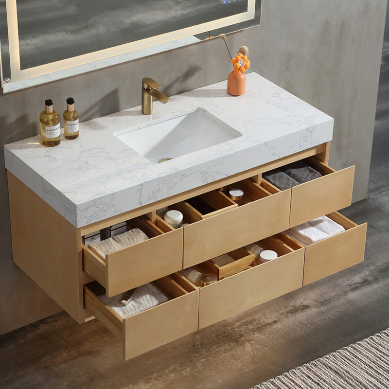 Solid wood 48'' Modern Wall Mounted Single Bathroom Vanity with Engineered Stone Top and Light