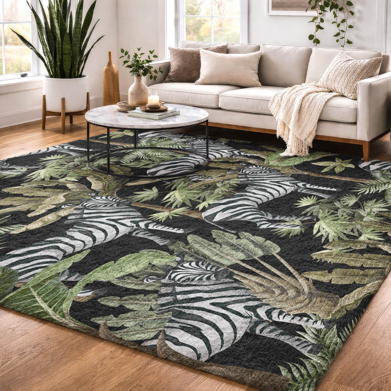 Premium Machine Washable Dream Shag ADS208 Palms and Zebras Rug, 10' x 14'