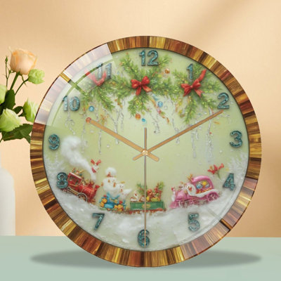 Christmas-Clock-with-Trains-and-Snowman Art - 12‘’ Modern Glass Wall Clock