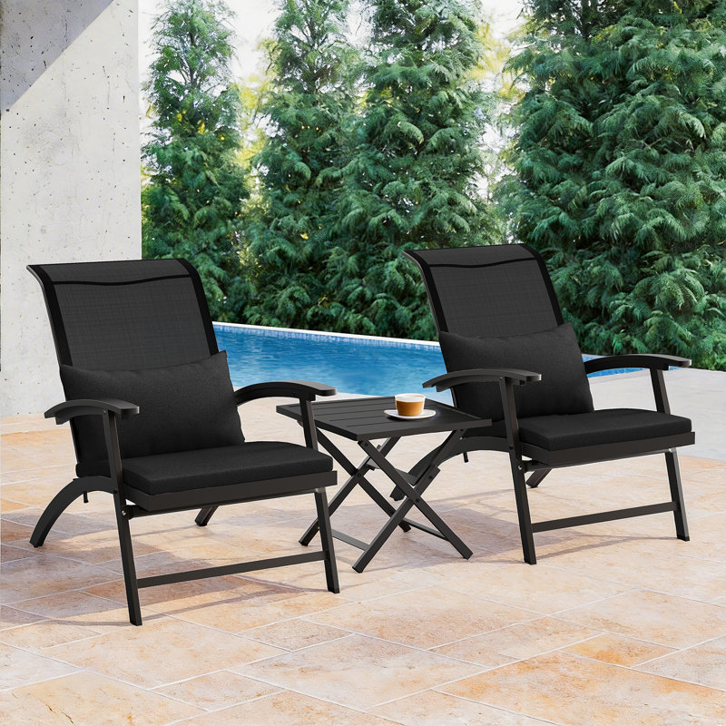 3-Piece Outdoor Patio Furniture Set, Folding Conversation Set with Coffee Table, Adirondack Chairs for Garden, Balcony, Backyard, Poolside, All-Weather Wicker Patio Chairs (Black Cushion)