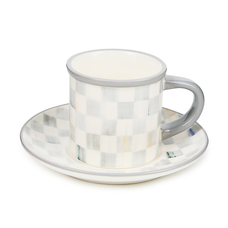 Sterling Check Stoneware Espresso Cup and Saucer, Gray/White, Set of 2