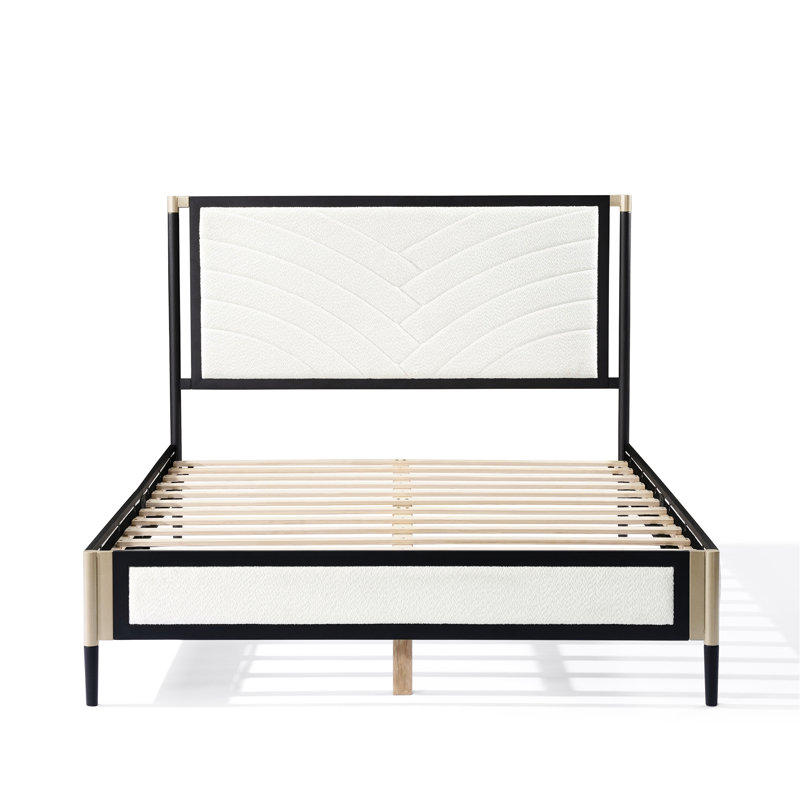 Lit avec tête de lit blanche, cadre noir, lattes en bois massif pour un soutien optimal, tissu industriel facile à installer dans la chambre à coucher - aspect 800 lb,