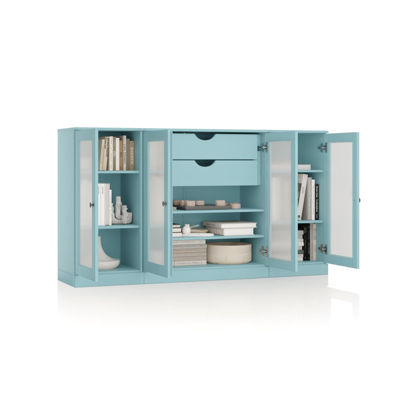 Buffet 100% bois massif 65 po avec portes en verre givré, 2 tiroirs et tablettes réglables, Bleu aqua