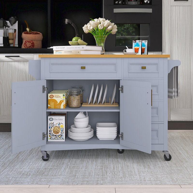 52" Drop-Leaf Countertop Kitchen Cart With Spice Rack & Towel Rack, Blue