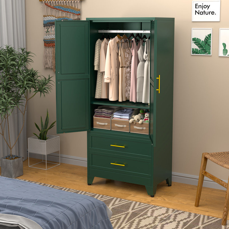Green Metal Freestanding Wardrobe Armoire with Drawers and Hanging Rod