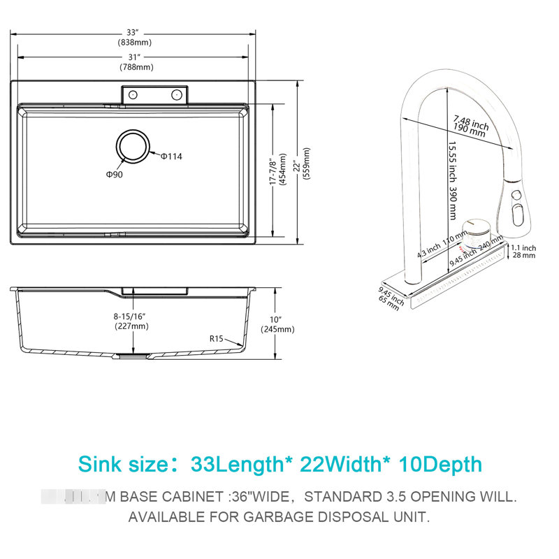 Black Quartz Workstation Kitchen Sink 33X22", Pull-Out Faucet With Waterfall Shine 33X22" Quartz, Type & Element, Black