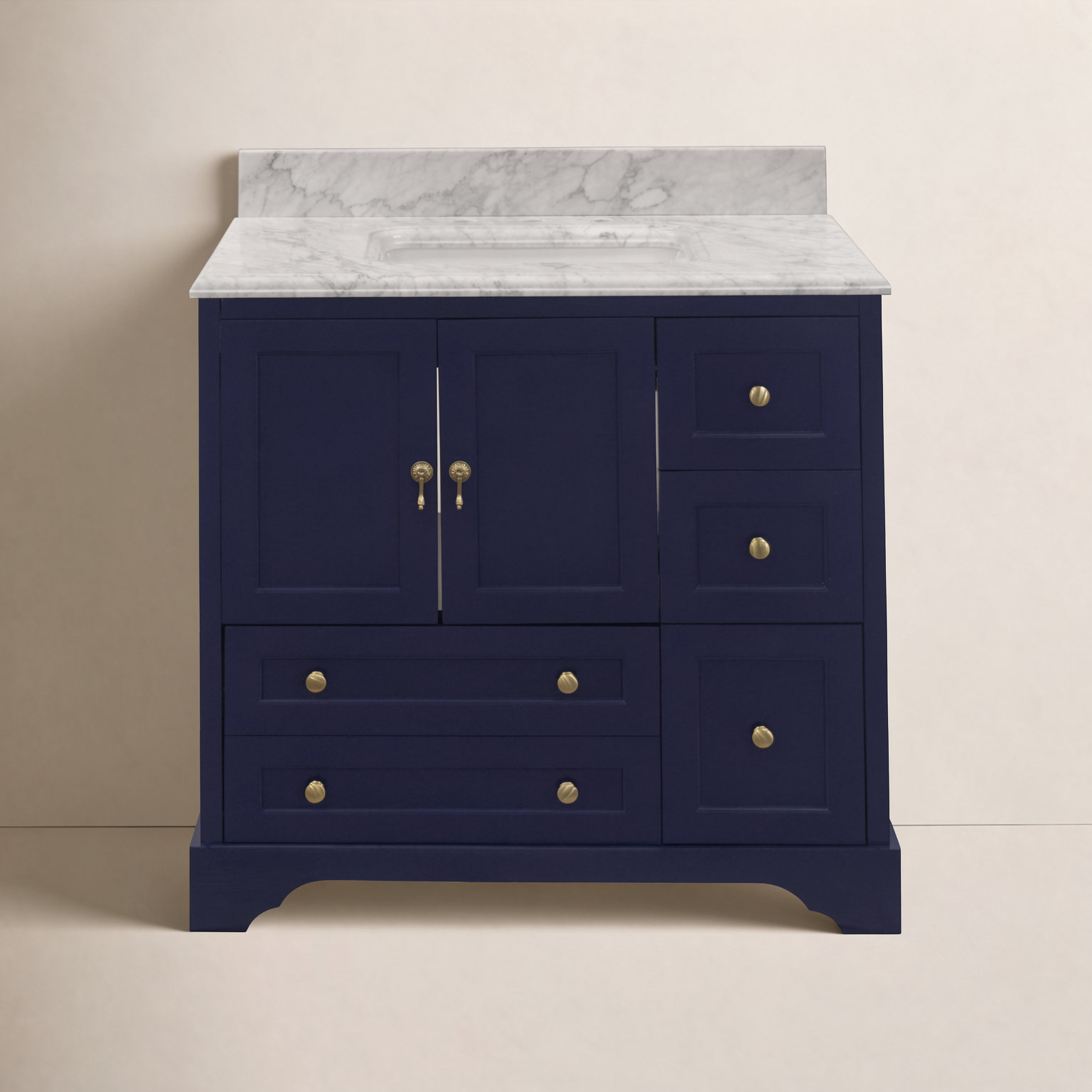 36 " Pine Single Bathroom Vanity, Carrara Marble, Royal Blue