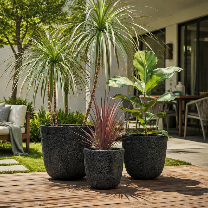 Ensemble de 3 pots de fleurs ronds en béton avec trous de drainage et bouchon en caoutchouc, texture pierre craquelée, en plastique MGO, pour intérieur, extérieur, terrasse, jardin ou balcon.
