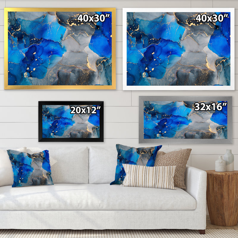 «Blue Luxury Abstract Fluid Art XV», reproduction sur toile, H 34 po x l 44 po x P 1,5 po, Cadre photo doré