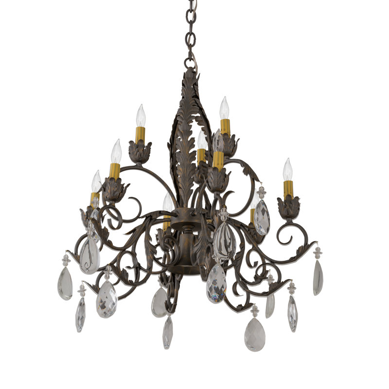 Country French Bronze 10-Light Crystal Chandelier with Cream Shades