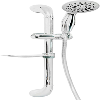 Lotus Set 5-Functions Handheld Shower With Swan Wall Bracket, Auto Lock Sliding Holder, Leaf Shaped Soap Dish And 59 Inch Stainless Steel Double Ring Flexible Hose In Polished Chrome Finish