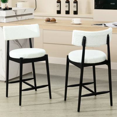 Of 2 Mid Century Modern Counter Stools With Black, Comfortable Boucle Seat, Rubber Wood, Curved Open Back, For Multiple Living Scenes High - Density Foam, Skin Boucle, Wood Construction,