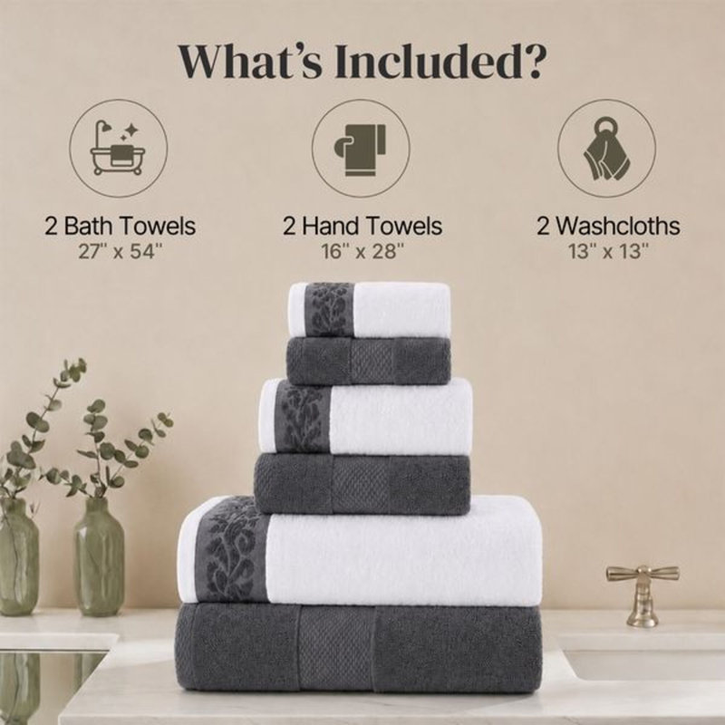 Modern Threads 600 GSM 6-Piece Towel Set with Filgree Jacquard Border, Charcoal