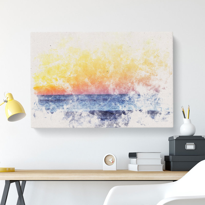 Orange Sunset Abstract Watercolour - Wrapped Canvas, 60cm H x 91cm W x 3cm D