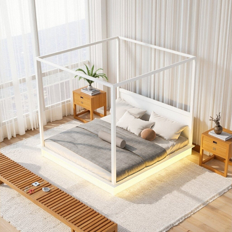 Lit à baldaquin de taille très grand 87,4 "avec lumières DEL - Lit plateforme moderne, Très grand lit