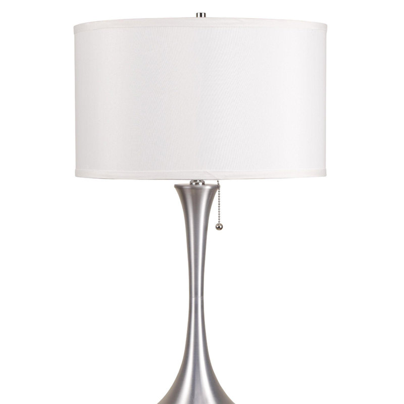 Lampe de table rétro 27 po en métal avec finition argentée, abat-jour en lin blanc