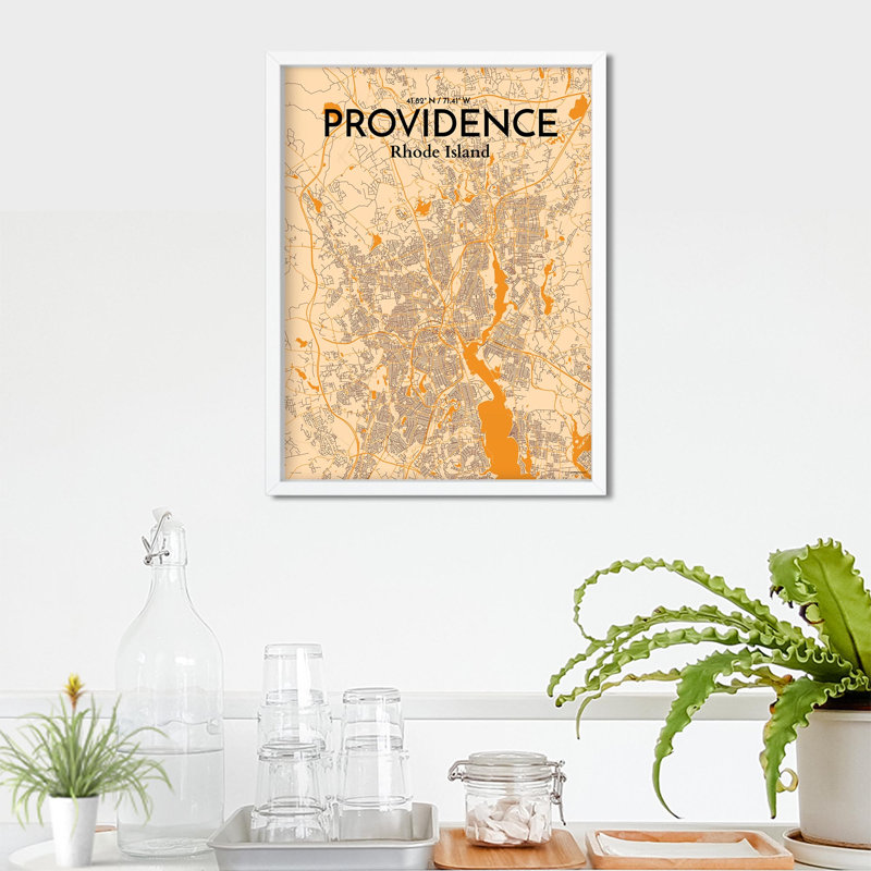 Providence, carte de la ville, impression, H 24 po x l 18 po, Orange / or pâle