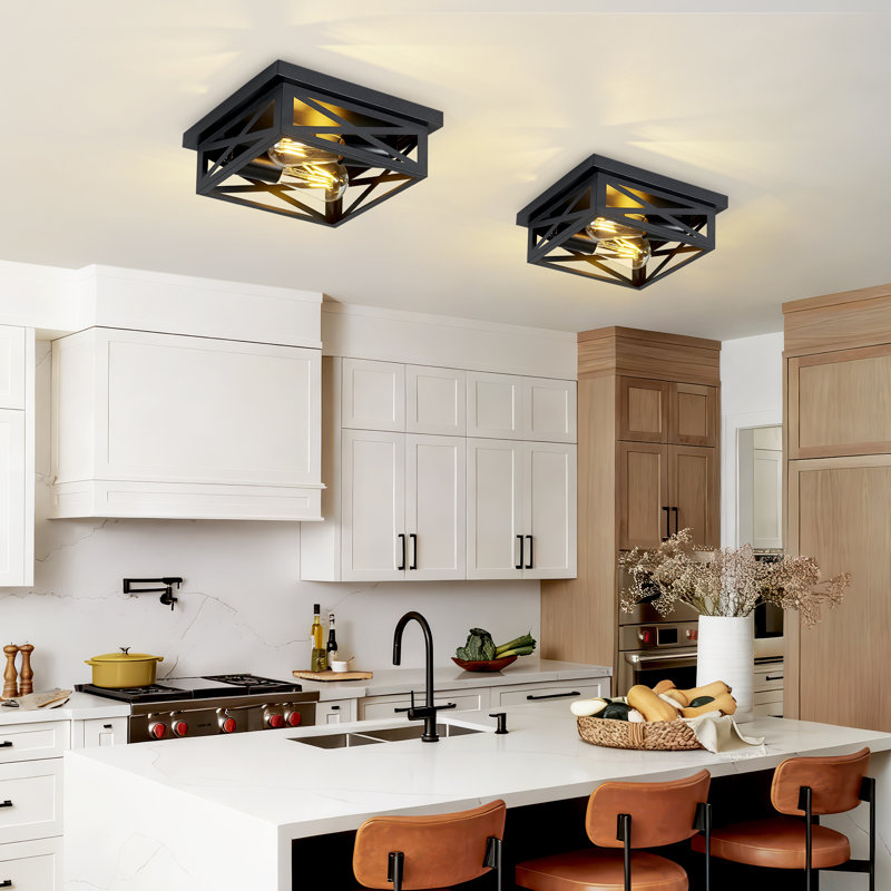 2-Pack Industrial Squre Black Metal 2-Light Flush Mount Ceiling Light(Bulb Not Include)