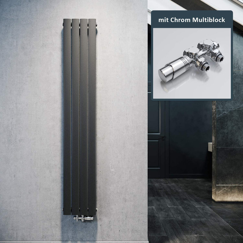 Vertical Designer Radiator, 180cm H x 30.8cm W, Anthracite/Chrome