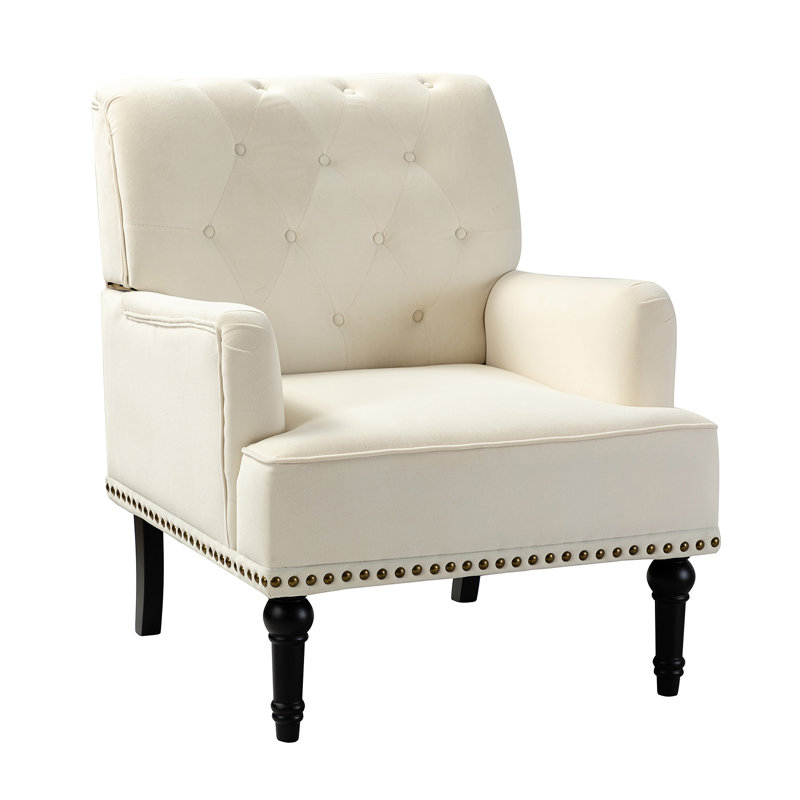 Jakub 28.5" W Velvet Tufted Polyester Armchair with Nailhead Trim, White Velvet