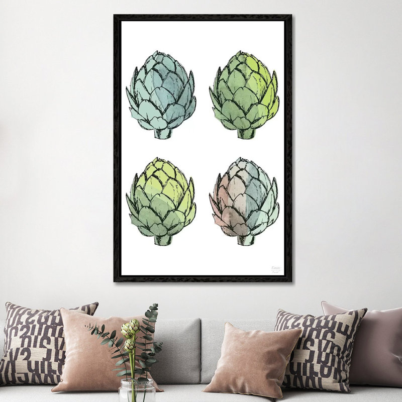 Four Artichokes - Print on Canvas, 152.4cm H x 101.6cm W x 3.81cm D, Black Floater Framed