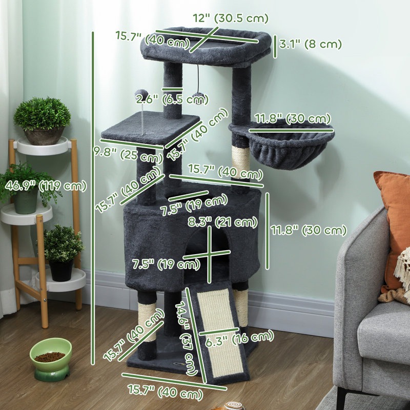 Tour pour arbre à chat 47 po avec grand condo confortable, hamac, gris foncé