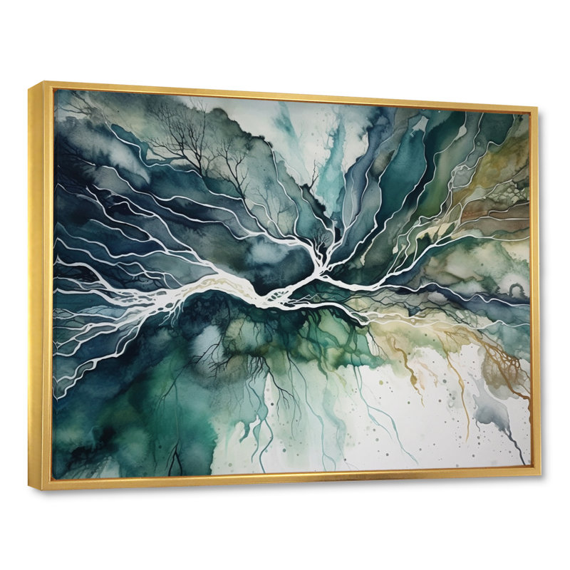 «Green Blue Marbré Dreamscape II», art mural géométrique abstrait, H 30 po x l 40 po x P 1,5 po, Cadre flottant doré