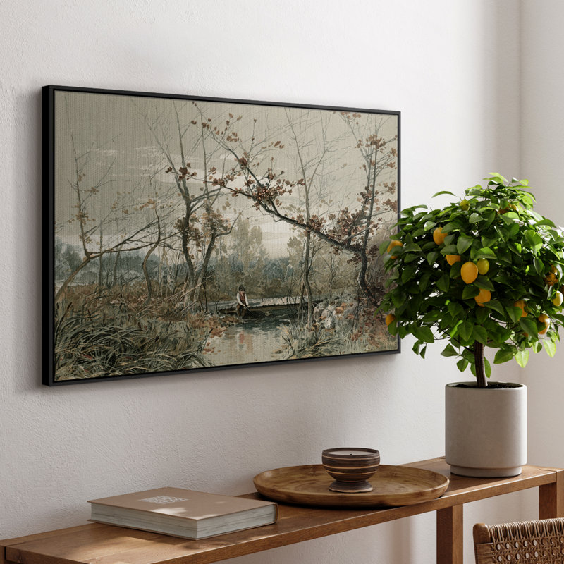 Paysage rétro - CDxxix, Toile avec cadre flottant noir, H 27 po x l 41 po x P 2 po