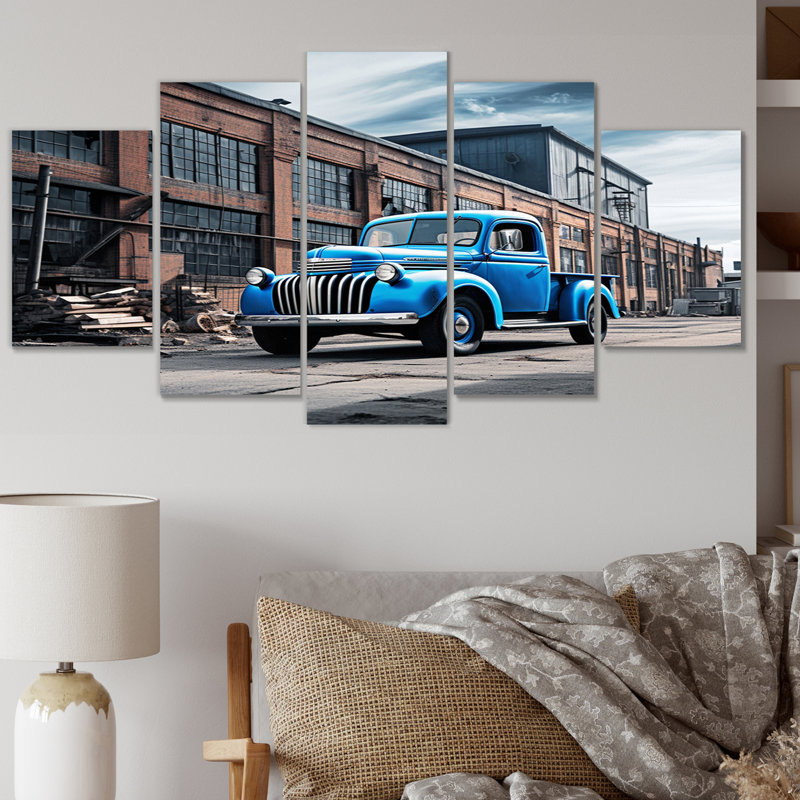 Blue Pickup Truck Industrial Drive I - Art mural sur toile transport - 5 panneaux