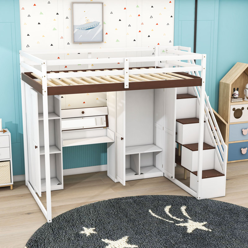 Full Wood Loft Bed With LED Light, Dressing Table, Wardrobe And Charging Ports, White/Brown