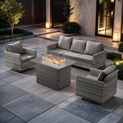 Ensemble de meubles de patio 4 pièces, canapé d'extérieur et chaises berçantes pivotantes avec table de foyer de 50 000 BTU, ensemble bistro pour balcon, terrasse, porche, noir
